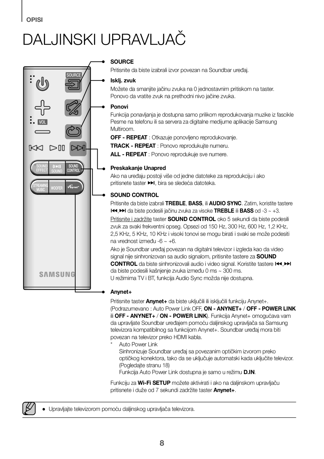 Samsung HW-J6500R/EN manual Isklj. zvuk, Preskakanje Unapred, Režimima TV i BT, funkcija Audio Sync možda nije dostupna 