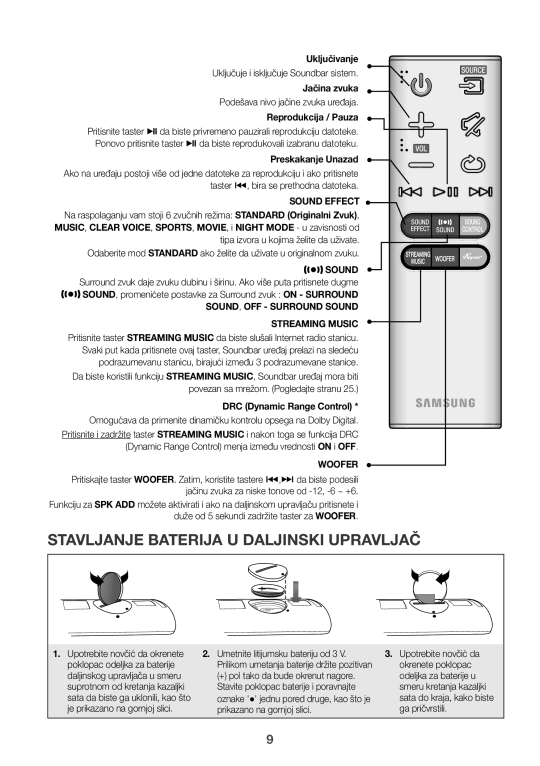 Samsung HW-J6501R/ZF manual Uključivanje, Uključuje i isključuje Soundbar sistem, Podešava nivo jačine zvuka uređaja 