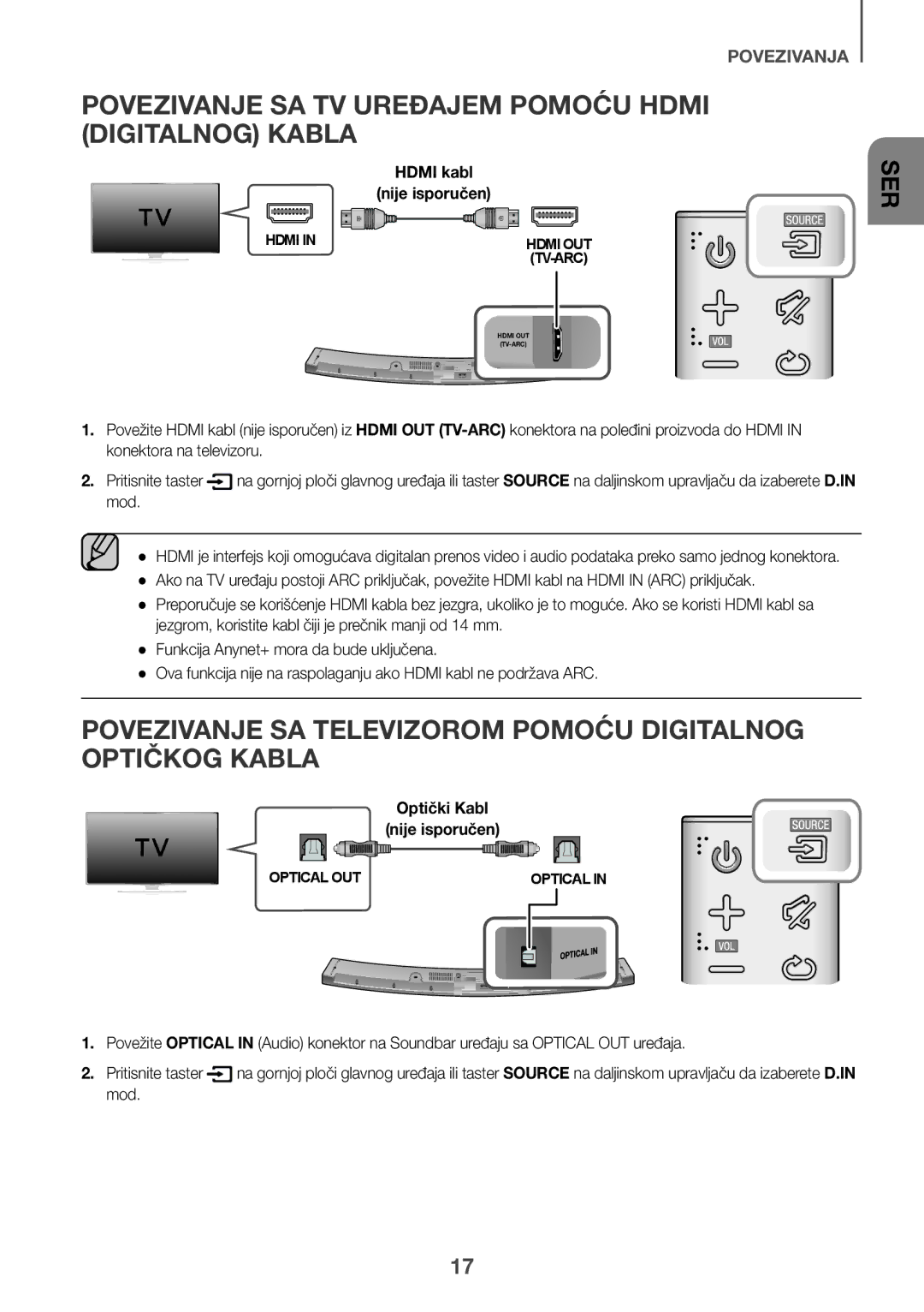 Samsung HW-J6501R/XN manual Povezivanje SA TV Uređajem Pomoću Hdmi Digitalnog Kabla, Mod, Optički Kabl Nije isporučen 