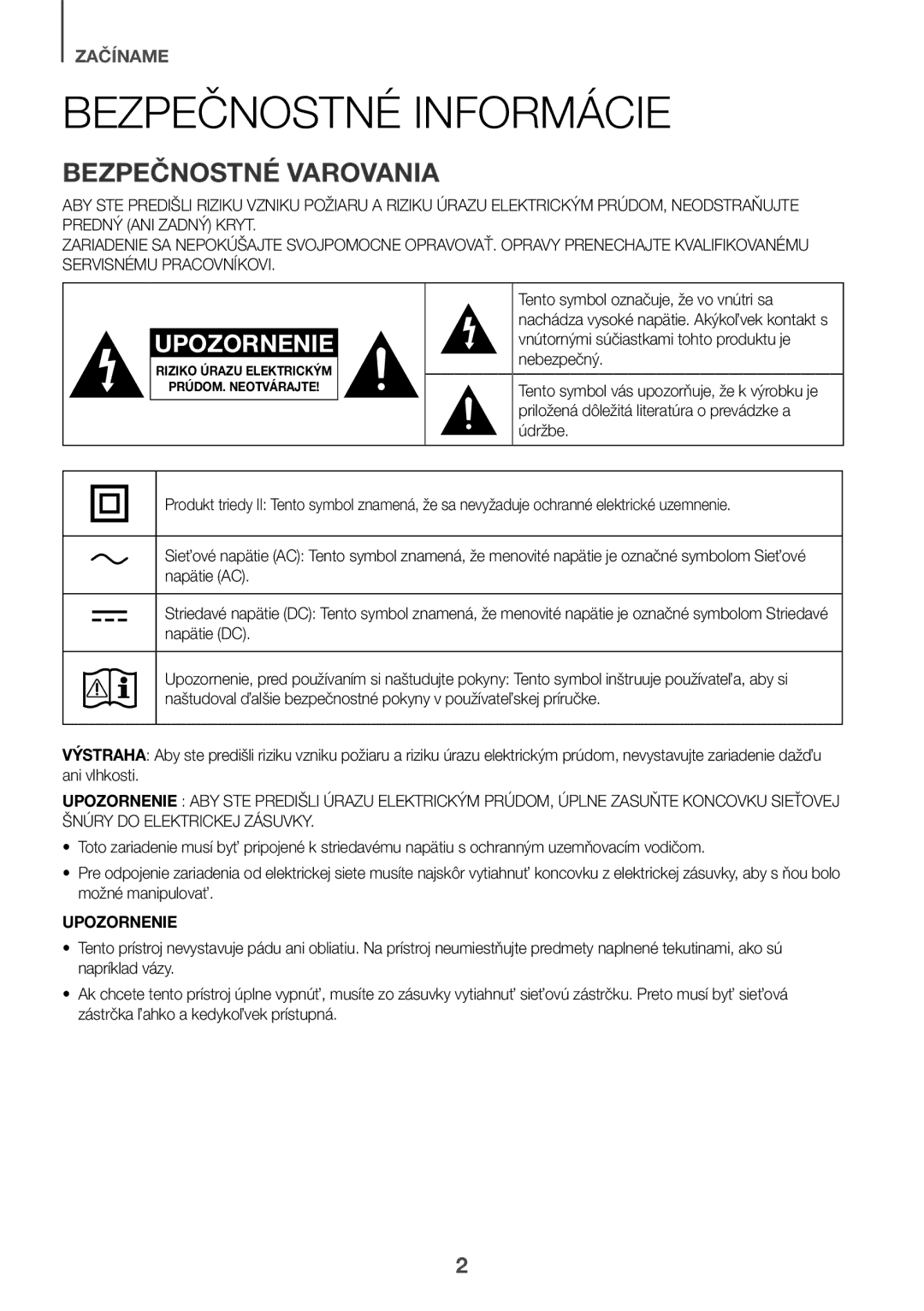 Samsung HW-J6510R/XE, HW-J6501R/EN, HW-J6500R/EN, HW-J6501R/ZF Bezpečnostné Informácie, Bezpečnostné Varovania, Upozornenie 