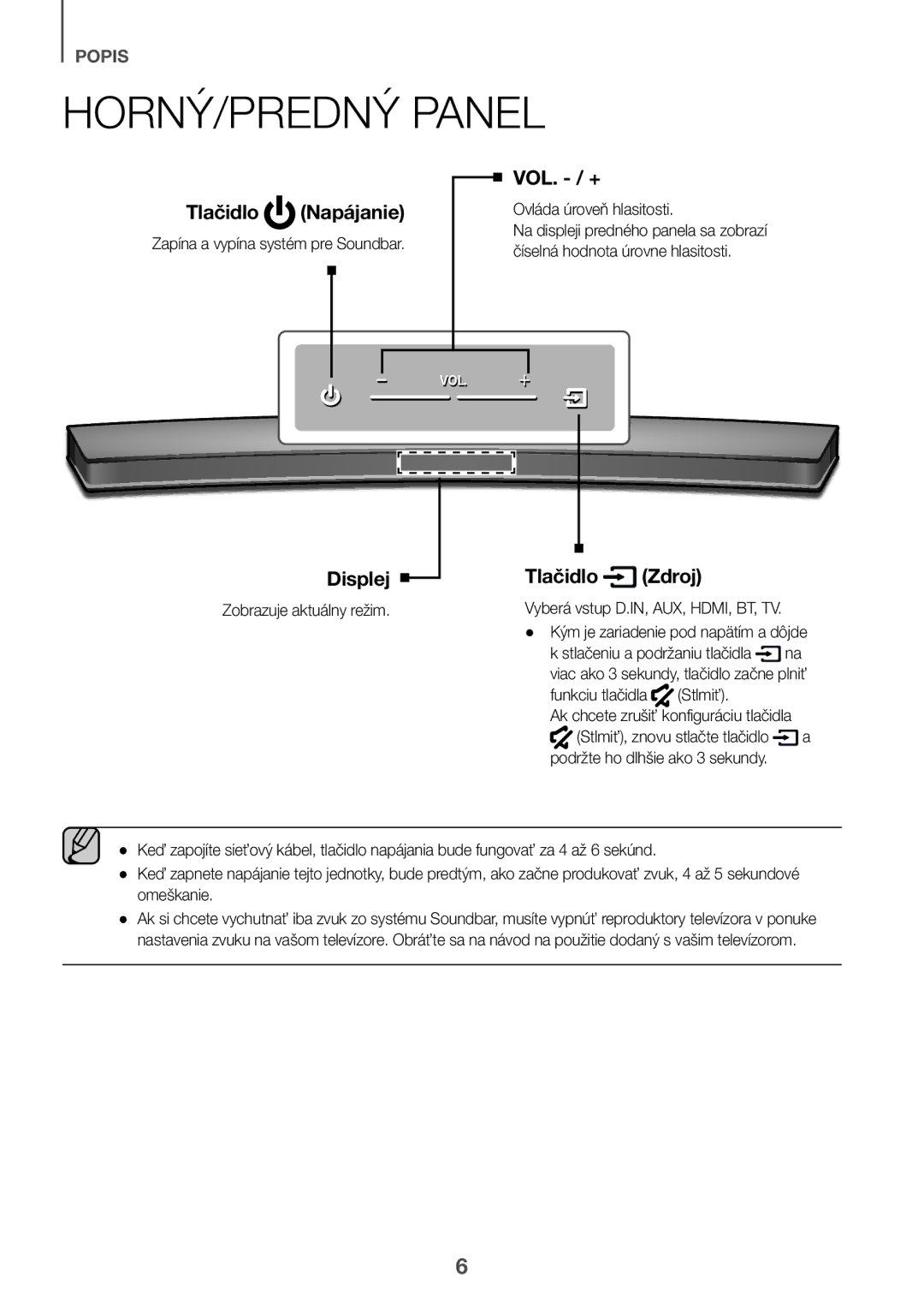 Samsung HW-J6501R/ZF, HW-J6501R/EN, HW-J6500R/EN, HW-J6501R/XN manual HORNÝ/PREDNÝ Panel, Tlačidlo Napájanie, Tlačidlo Zdroj 