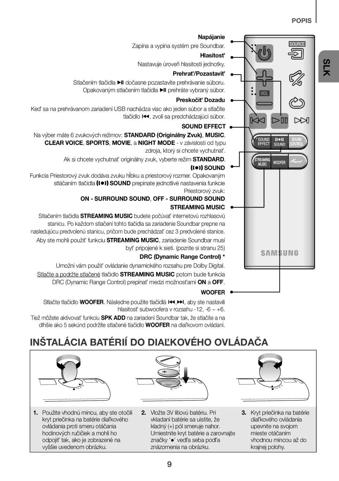 Samsung HW-J6510R/XE, HW-J6501R/EN Inštalácia Batérií do Diaľkového Ovládača, Napájanie, Hlasitosť, Prehrať/Pozastaviť 