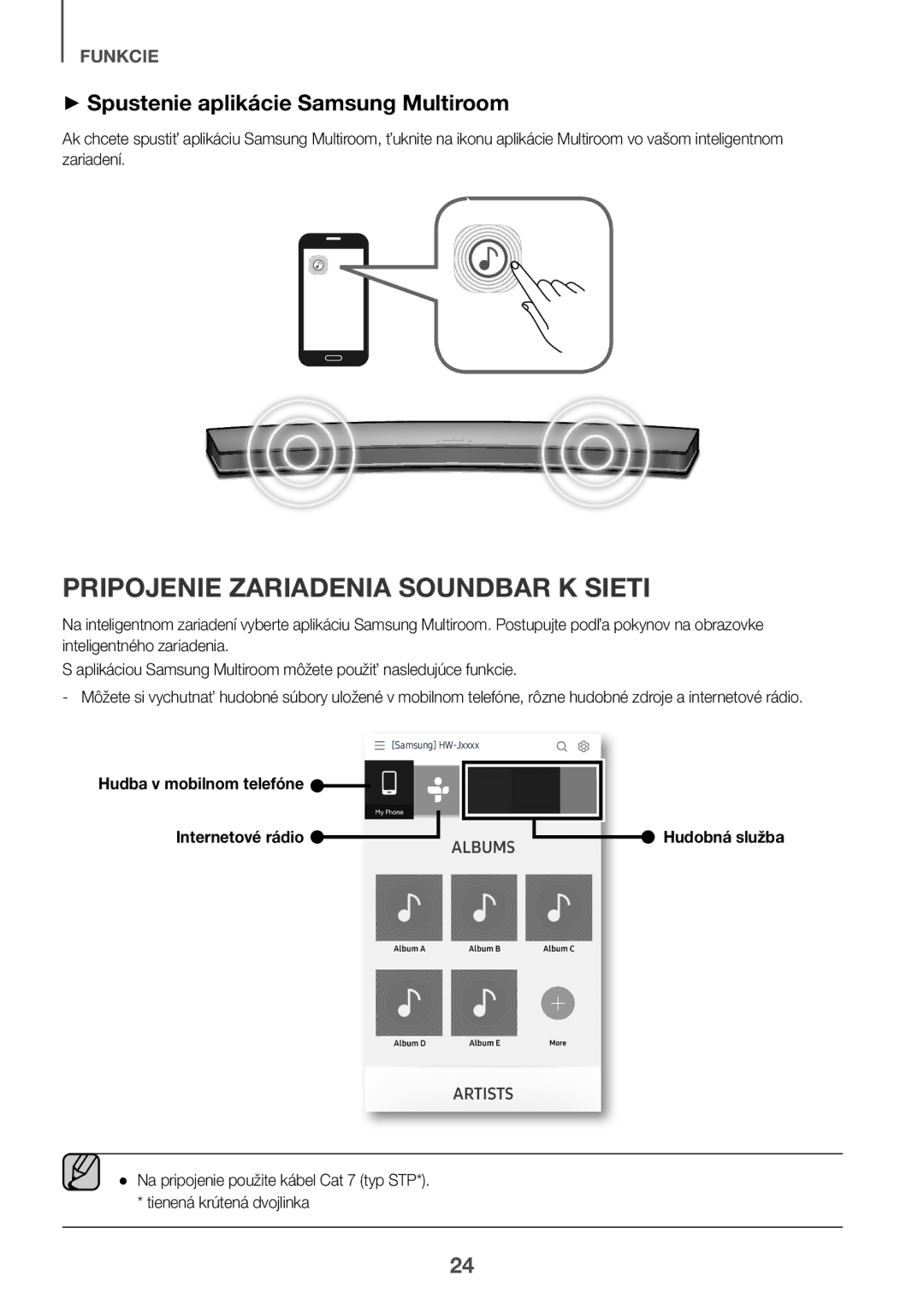 Samsung HW-J6500R/XN manual Pripojenie Zariadenia Soundbar K Sieti, ++Spustenie aplikácie Samsung Multiroom, Hudobná služba 