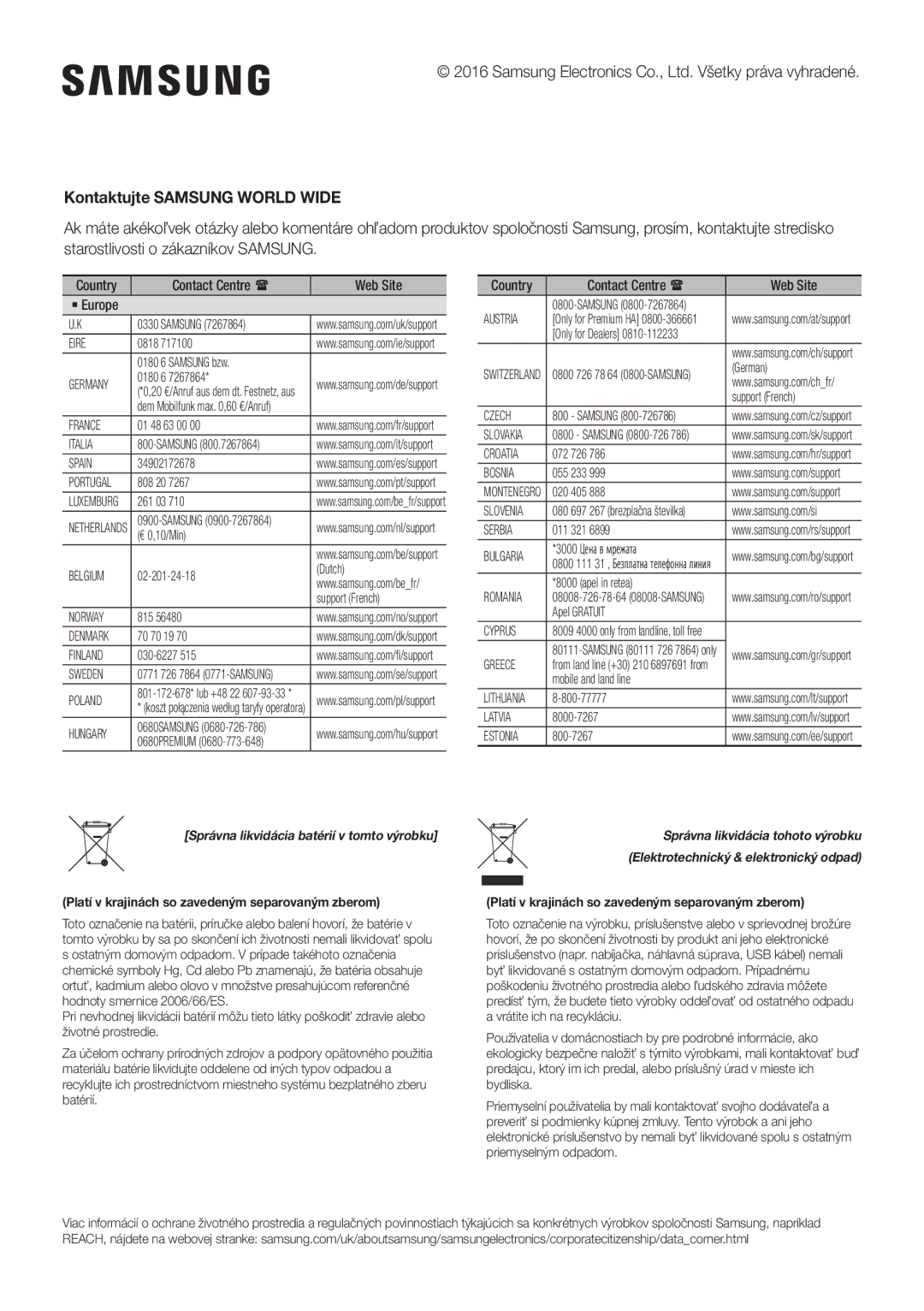 Samsung HW-J6500R/XN, HW-J6501R/EN, HW-J6500R/EN Kontaktujte Samsung World Wide, Správna likvidácia batérií v tomto výrobku 