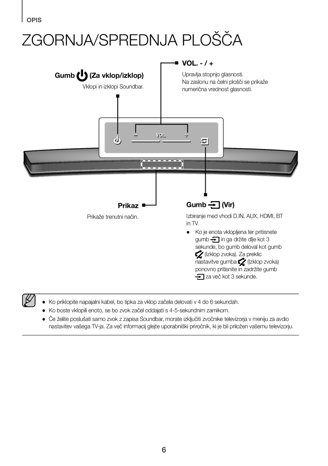 Samsung HW-J6510R/XE, HW-J6501R/EN, HW-J6500R/EN manual ZGORNJA/SPREDNJA Plošča, Gumb Za vklop/izklop, Prikaz, Gumb Vir 