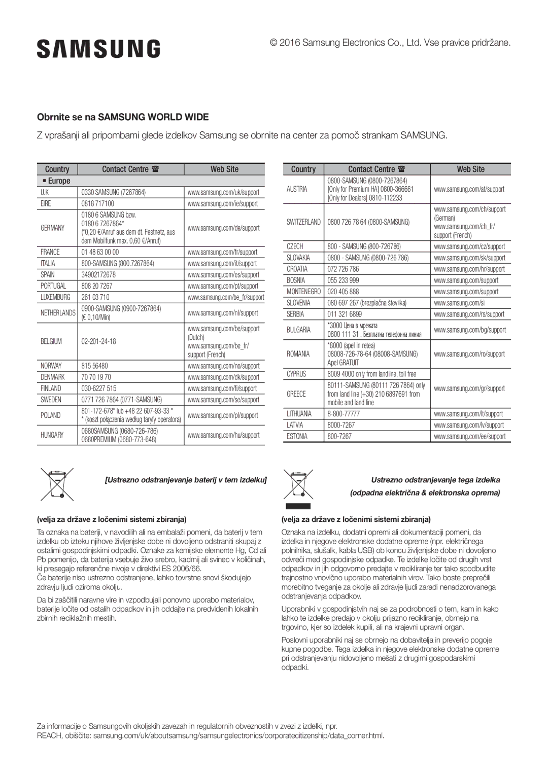 Samsung HW-J6501R/ZF, HW-J6501R/EN manual Obrnite se na Samsung World Wide, Velja za države z ločenimi sistemi zbiranja 