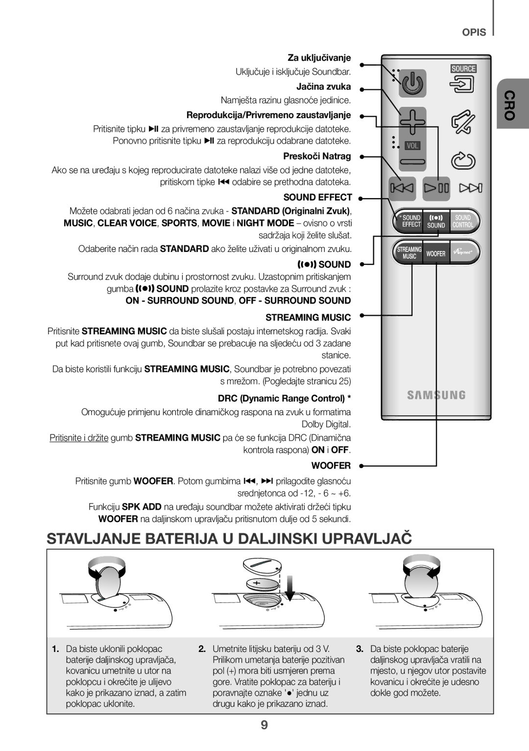 Samsung HW-J6500R/EN, HW-J6501R/EN manual Stavljanje Baterija U Daljinski Upravljač, Za uključivanje, Jačina zvuka, Woofer 