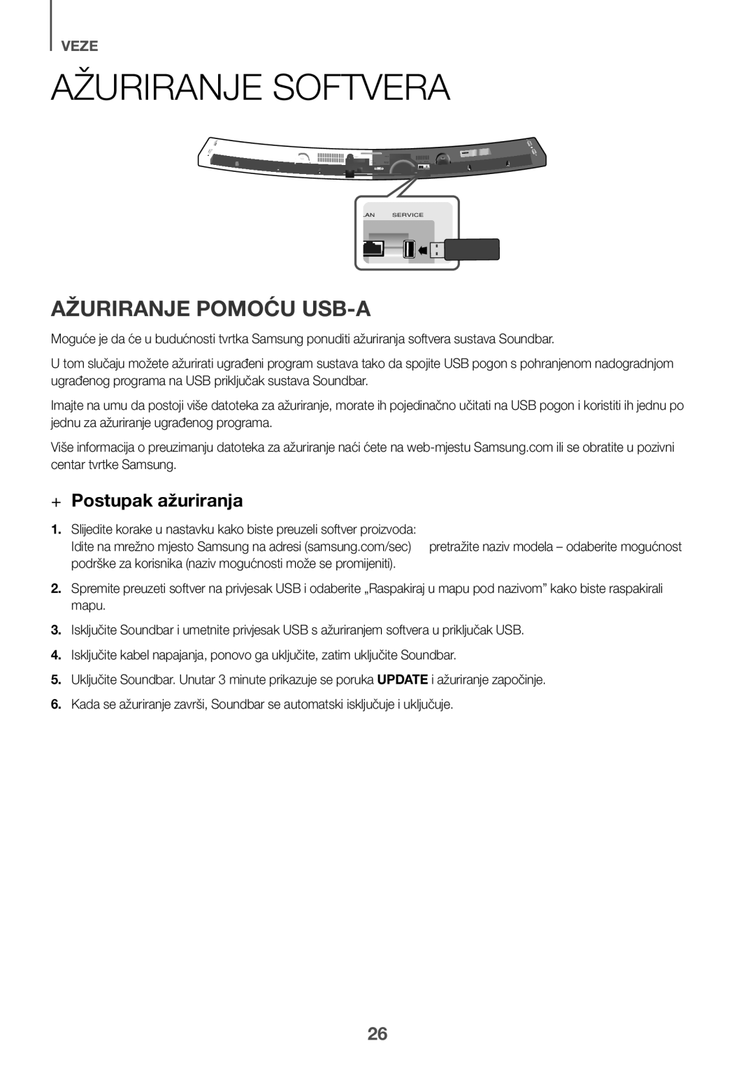 Samsung HW-J6511R/XE, HW-J6501R/EN, HW-J6500R/EN manual Ažuriranje Softvera, Ažuriranje Pomoću USB-A, ++Postupak ažuriranja 