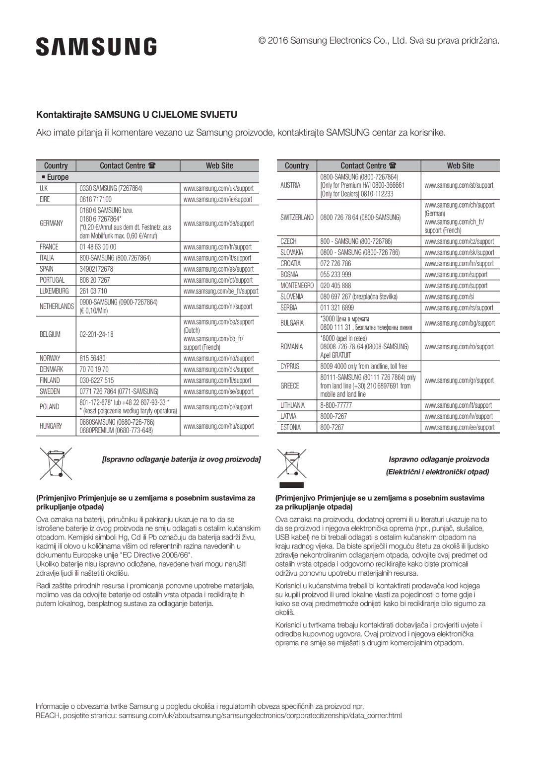 Samsung HW-J6501R/ZF, HW-J6501R/EN, HW-J6500R/EN Kontaktirajte Samsung U Cijelome Svijetu, Električni i elektronički otpad 