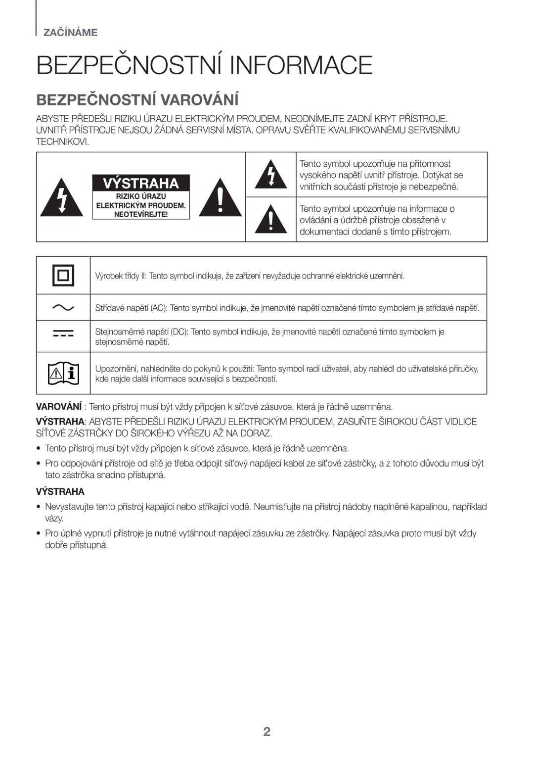 Samsung HW-J6511R/XE, HW-J6501R/EN, HW-J6500R/EN, HW-J6501R/ZF manual Bezpečnostní Informace, Bezpečnostní Varování, Výstraha 