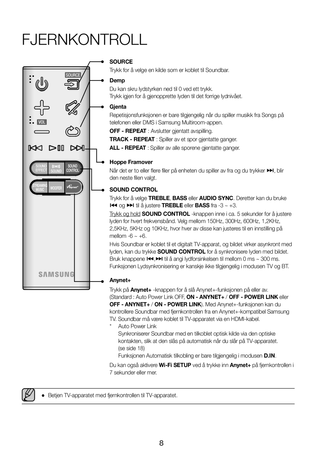 Samsung HW-J6501R/XN Fjernkontroll, Trykk for å velge en kilde som er koblet til Soundbar, Demp, Gjenta, Hoppe Framover 