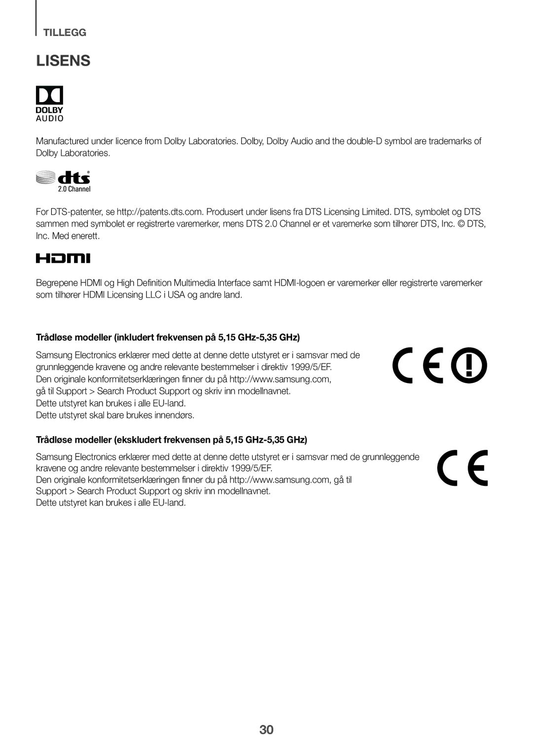 Samsung HW-J6511R/XE, HW-J6501R/EN, HW-J6500R/EN manual Lisens, Trådløse modeller inkludert frekvensen på 5,15 GHz-5,35 GHz 