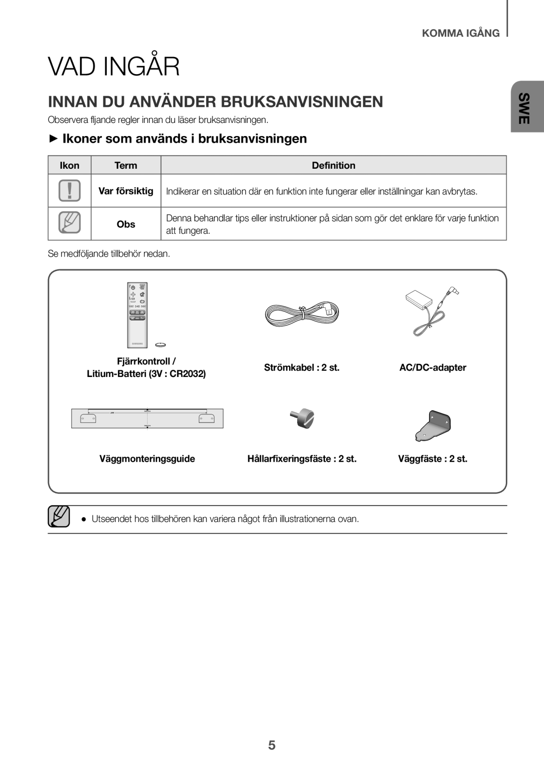 Samsung HW-J6501R/XN VAD Ingår, Innan DU Använder Bruksanvisningen, ++Ikoner som används i bruksanvisningen, Att fungera 