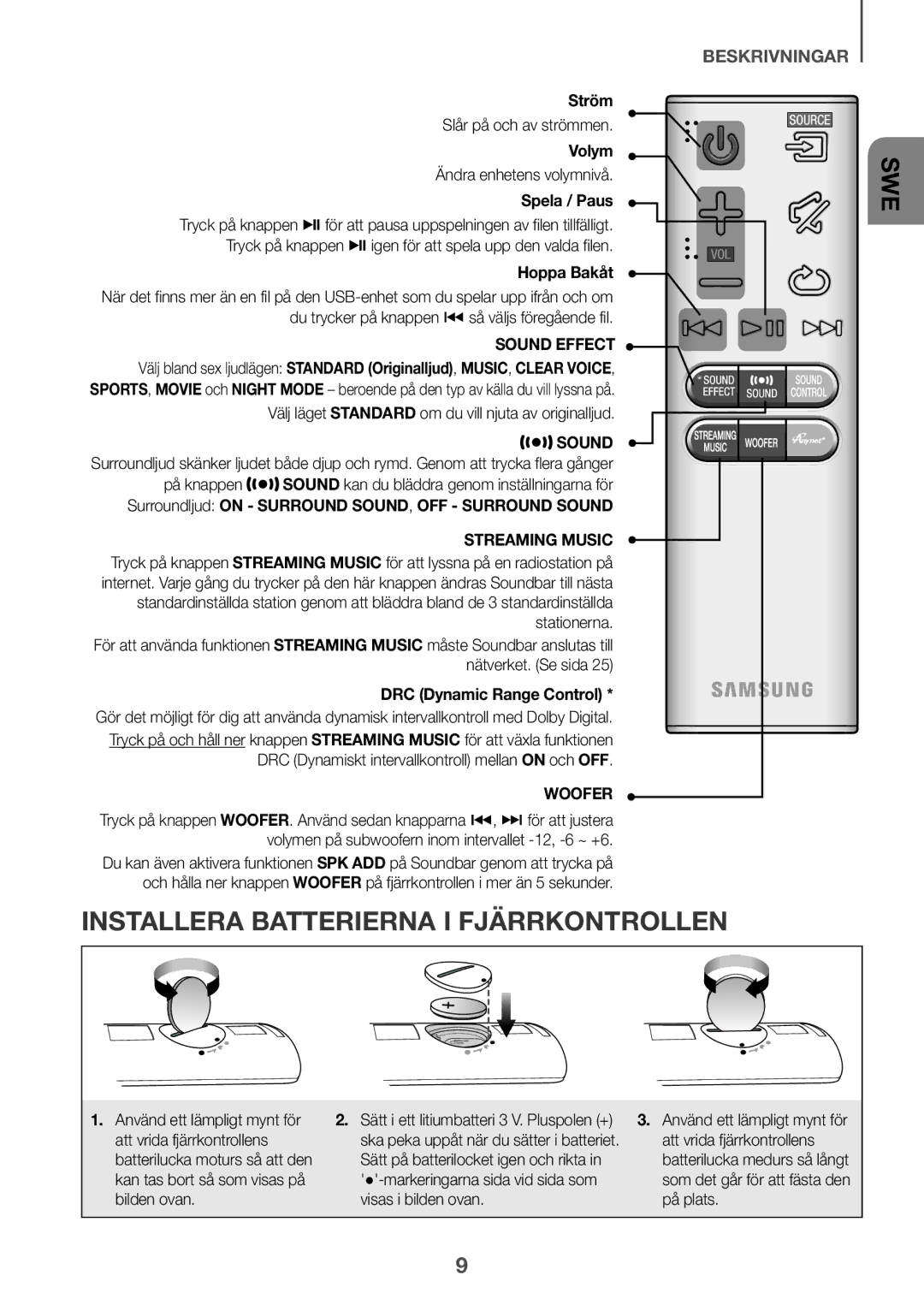 Samsung HW-J6501R/EN, HW-J6500R/EN manual Installera Batterierna I Fjärrkontrollen, Ström, Volym, Ändra enhetens volymnivå 