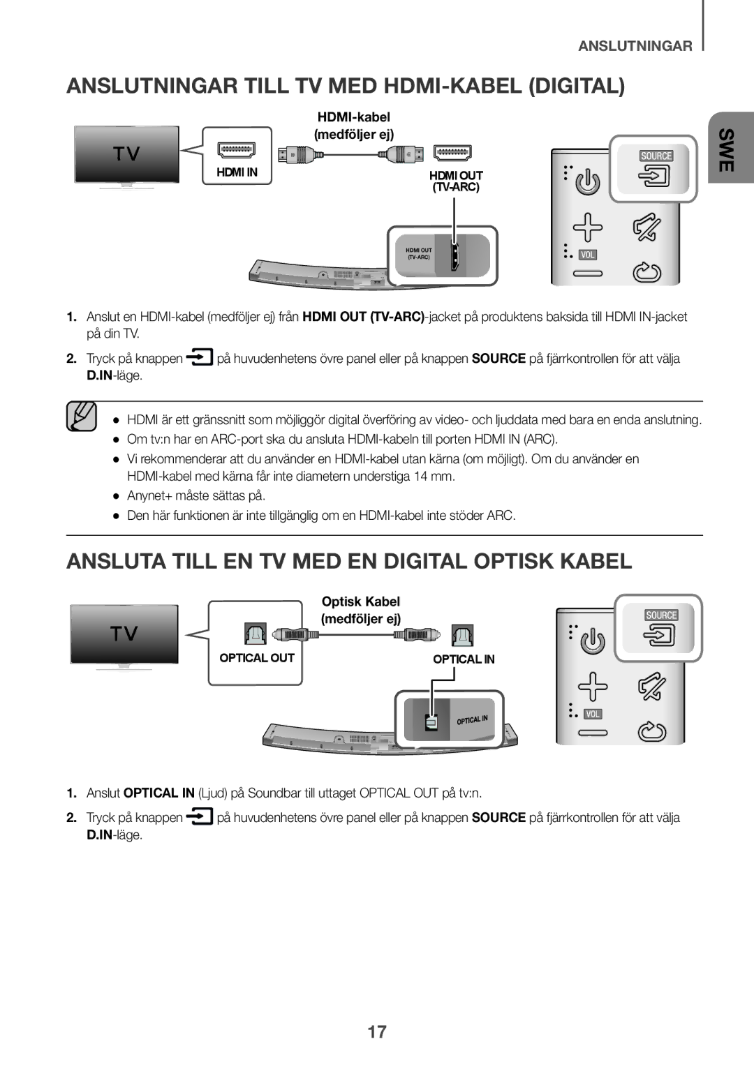 Samsung HW-J6500R/EN Anslutningar Till TV MED HDMI-KABEL Digital, Ansluta Till EN TV MED EN Digital Optisk Kabel, IN-läge 