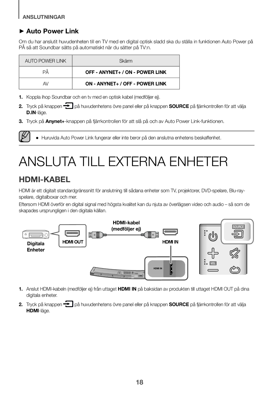 Samsung HW-J6501R/ZF, HW-J6501R/EN manual Ansluta Till Externa Enheter, Skärm, HDMI-kabel medföljer ej Digitala, HDMI-läge 