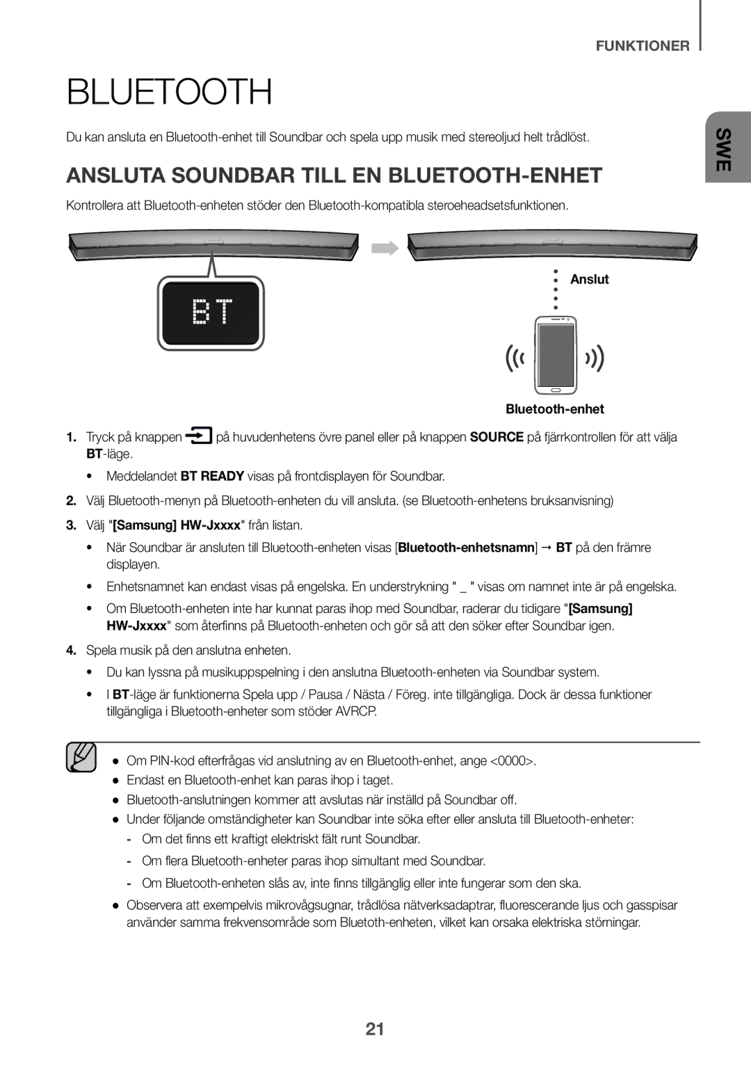 Samsung HW-J6510R/XE manual Ansluta Soundbar Till EN BLUETOOTH-ENHET, Anslut Bluetooth-enhet Tryck på knappen, BT-läge 