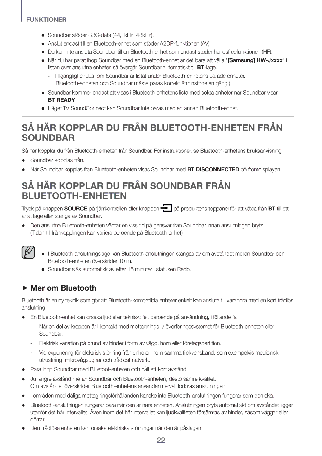 Samsung HW-J6500R/XN, HW-J6501R/EN, HW-J6500R/EN, HW-J6501R/ZF manual SÅ HÄR Kopplar DU Från BLUETOOTH-ENHETEN Från Soundbar 