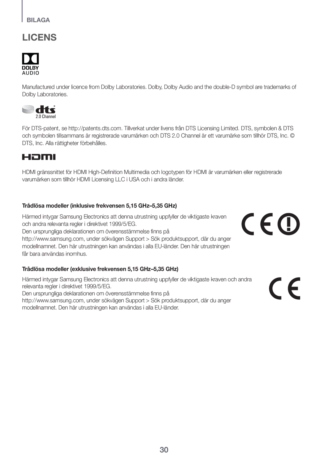 Samsung HW-J6501R/EN, HW-J6500R/EN, HW-J6501R/ZF, HW-J6501R/XN manual Trådlösa modeller inklusive frekvensen 5,15 GHz-5,35 GHz 