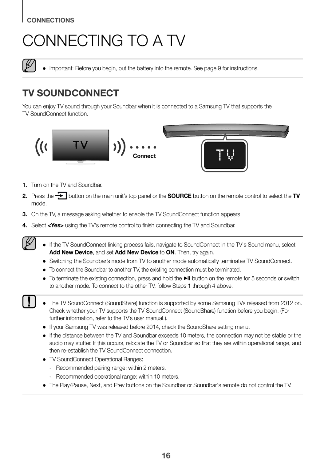 Samsung HW-J6501R/ZF, HW-J6501R/EN, HW-J6500R/EN Connecting to a TV, TV Soundconnect, Turn on the TV and Soundbar Press 