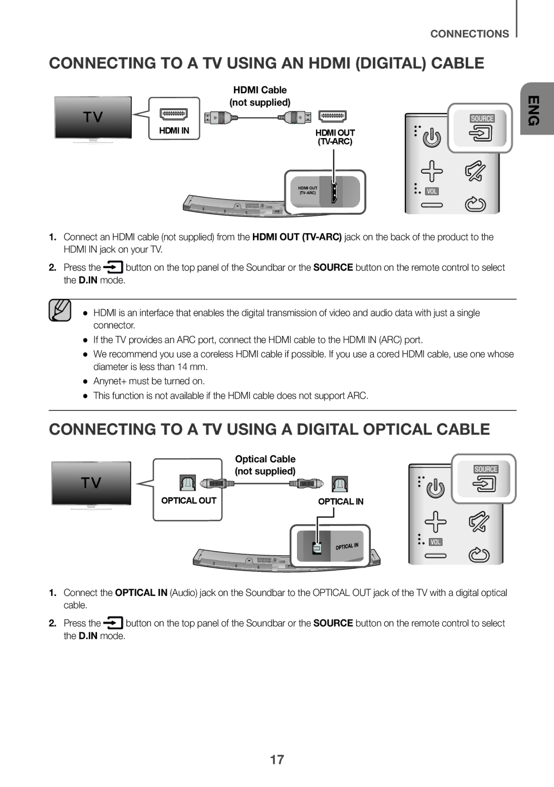 Samsung HW-J6501R/XN Connecting to a TV Using AN Hdmi Digital Cable, Connecting to a TV Using a Digital Optical Cable 