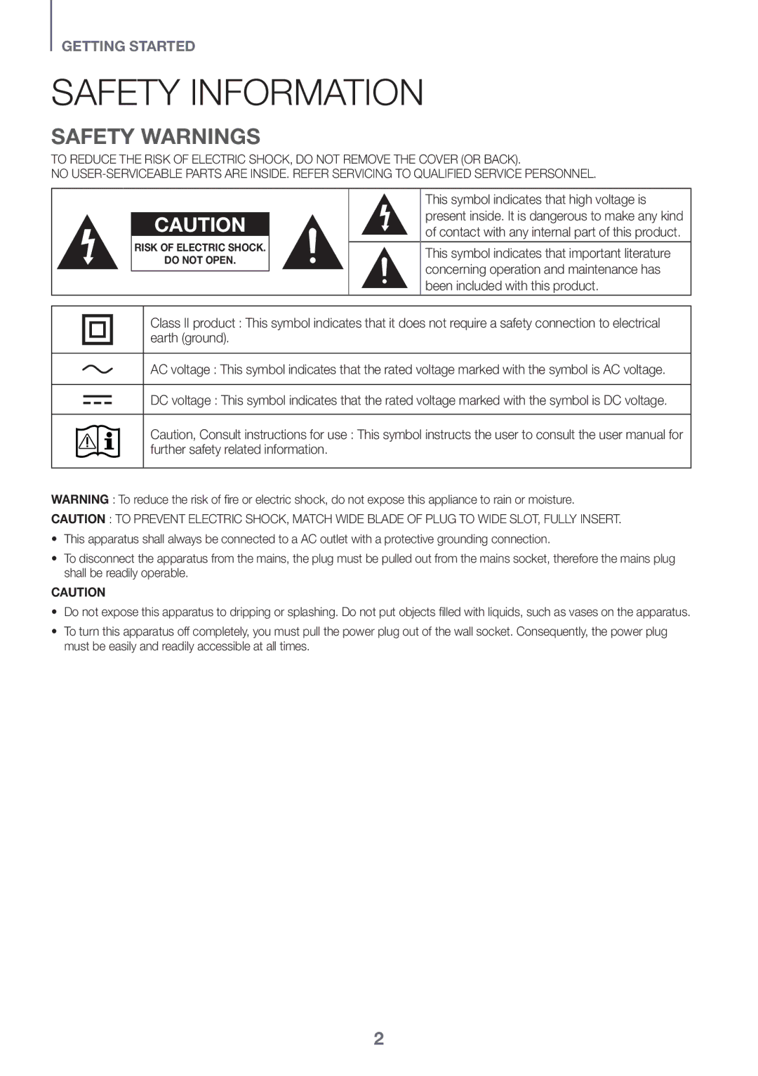 Samsung HW-J6501R/ZF, HW-J6501R/EN, HW-J6500R/EN, HW-J6501R/XN, HW-J6511R/XE, HW-J6510R/XE Safety Information, Safety Warnings 