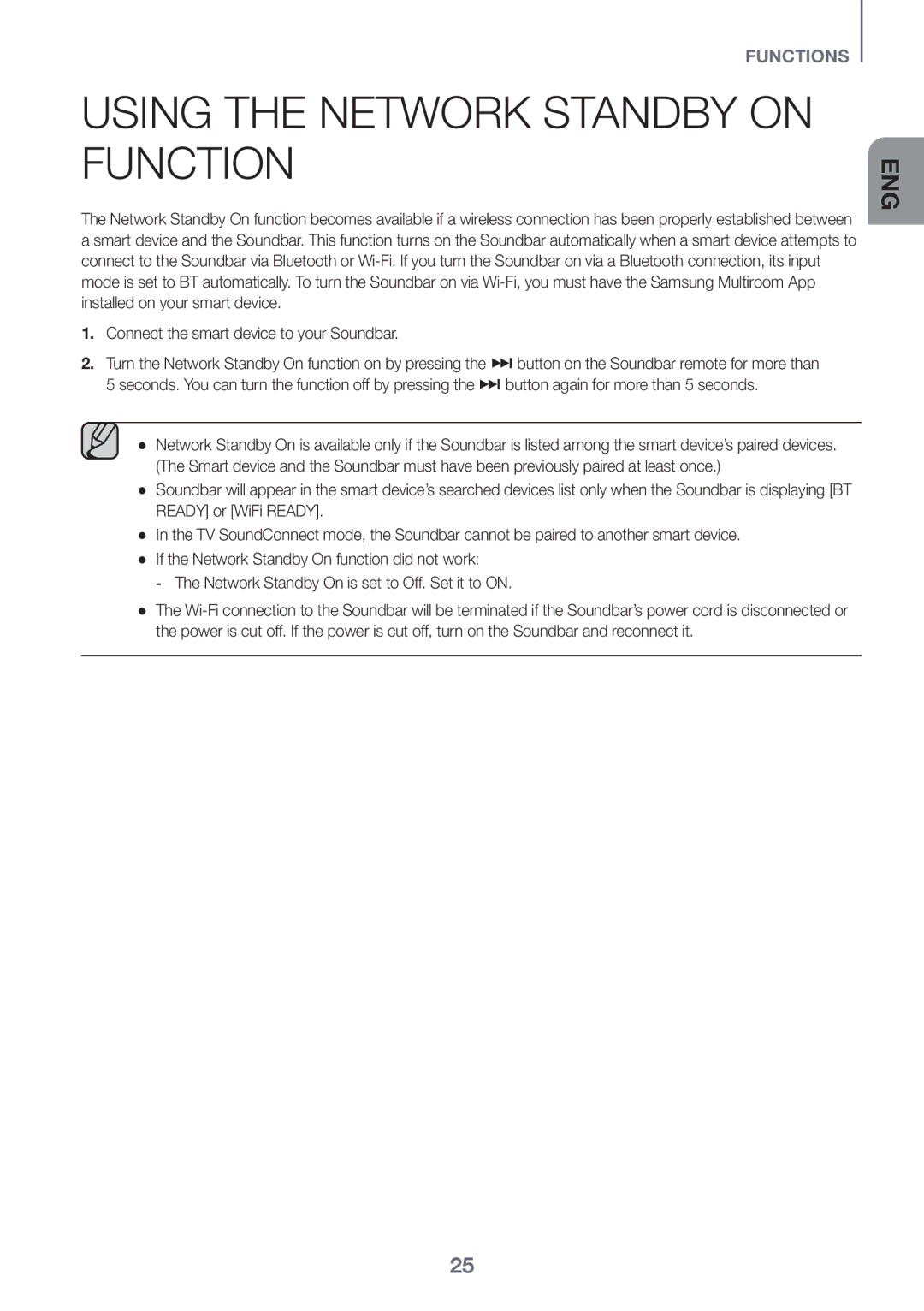 Samsung HW-J6511R/XE, HW-J6501R/EN, HW-J6500R/EN, HW-J6501R/ZF, HW-J6501R/XN manual Using the Network Standby on Function 