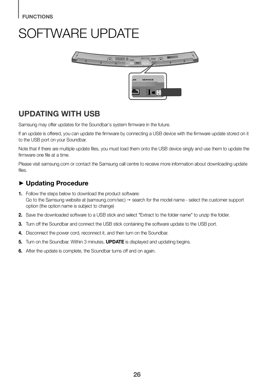 Samsung HW-J6510R/XE, HW-J6501R/EN, HW-J6500R/EN, HW-J6501R/ZF manual Software Update, Updating with USB, ++Updating Procedure 