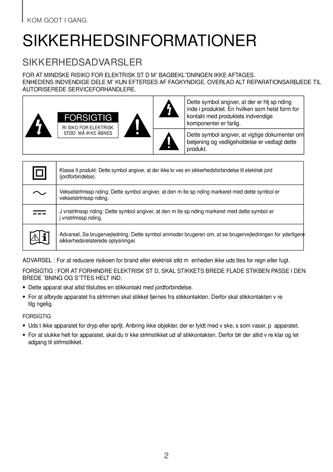 Samsung HW-J6510R/XE, HW-J6501R/EN, HW-J6500R/EN, HW-J6501R/ZF, HW-J6501R/XN Sikkerhedsinformationer, Sikkerhedsadvarsler 