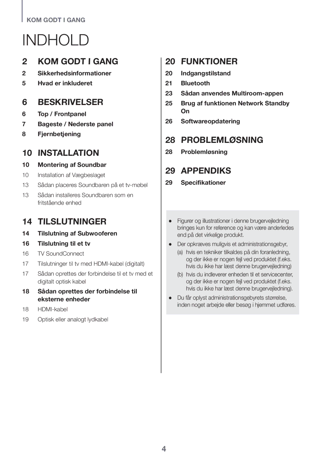 Samsung HW-J6501R/EN Indhold, HDMI-kabel Optisk eller analogt lydkabel, Der opkræves muligvis et administrationsgebyr 