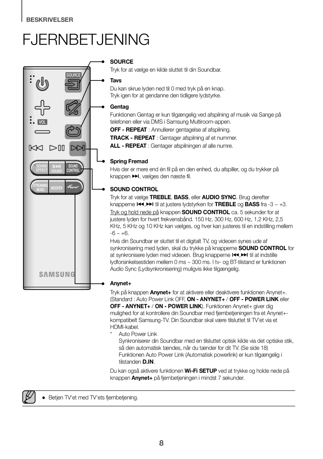 Samsung HW-J6511R/XE, HW-J6501R/EN, HW-J6500R/EN, HW-J6501R/ZF, HW-J6501R/XN manual Fjernbetjening, Tavs, Gentag, Spring Fremad 