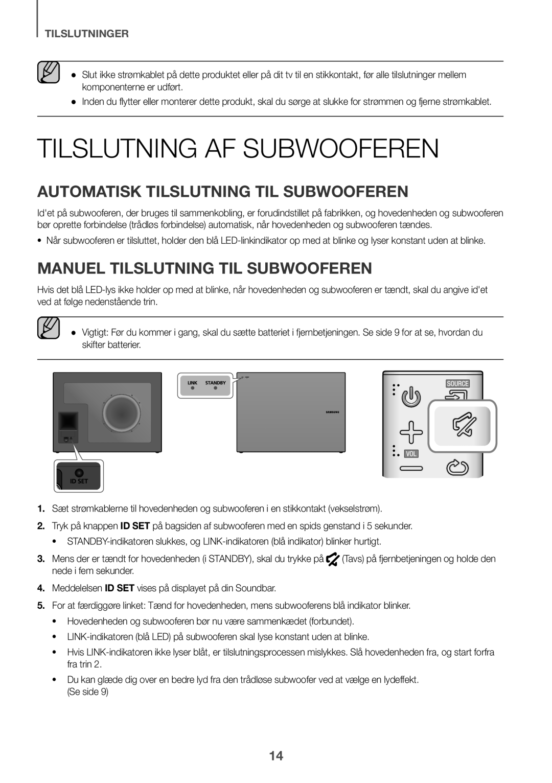 Samsung HW-J6501R/XN, HW-J6501R/EN, HW-J6500R/EN manual Tilslutning AF Subwooferen, Automatisk Tilslutning TIL Subwooferen 