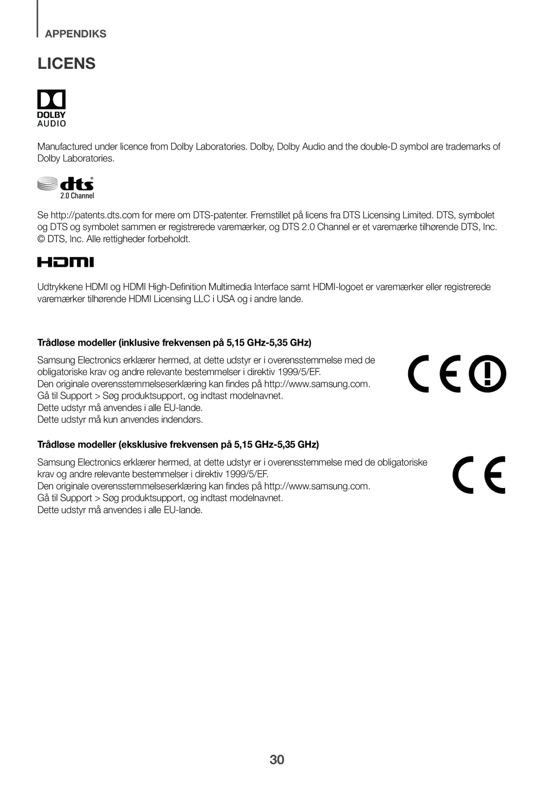 Samsung HW-J6510R/XE, HW-J6501R/EN, HW-J6500R/EN manual Licens, Trådløse modeller inklusive frekvensen på 5,15 GHz-5,35 GHz 