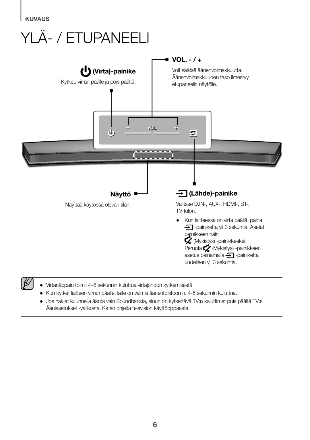 Samsung HW-J6510R/XE, HW-J6501R/EN YLÄ- / Etupaneeli, Kytkee virran päälle ja pois päältä, Näyttää käytössä olevan tilan 