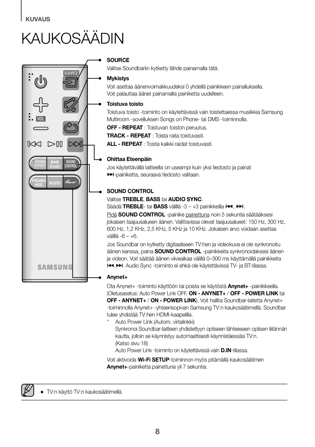 Samsung HW-J6501R/EN manual Kaukosäädin, Mykistys, Toistuva toisto, Ohittaa Eteenpäin, Valitse TREBLE, Bass tai Audio Sync 