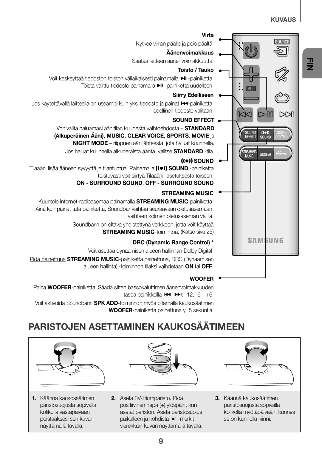 Samsung HW-J6500R/EN, HW-J6501R/EN manual Paristojen Asettaminen Kaukosäätimeen, Virta, Toisto / Tauko, Siirry Edelliseen 