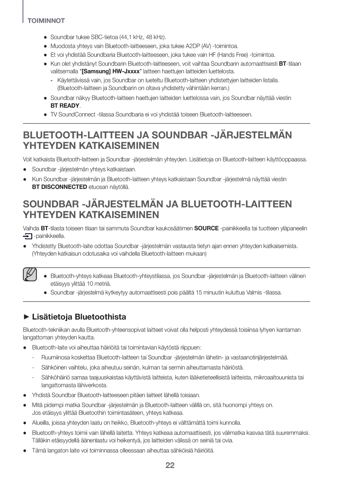 Samsung HW-J6501R/EN, HW-J6500R/EN, HW-J6501R/ZF, HW-J6501R/XN, HW-J6511R/XE, HW-J6510R/XE manual ++Lisätietoja Bluetoothista 