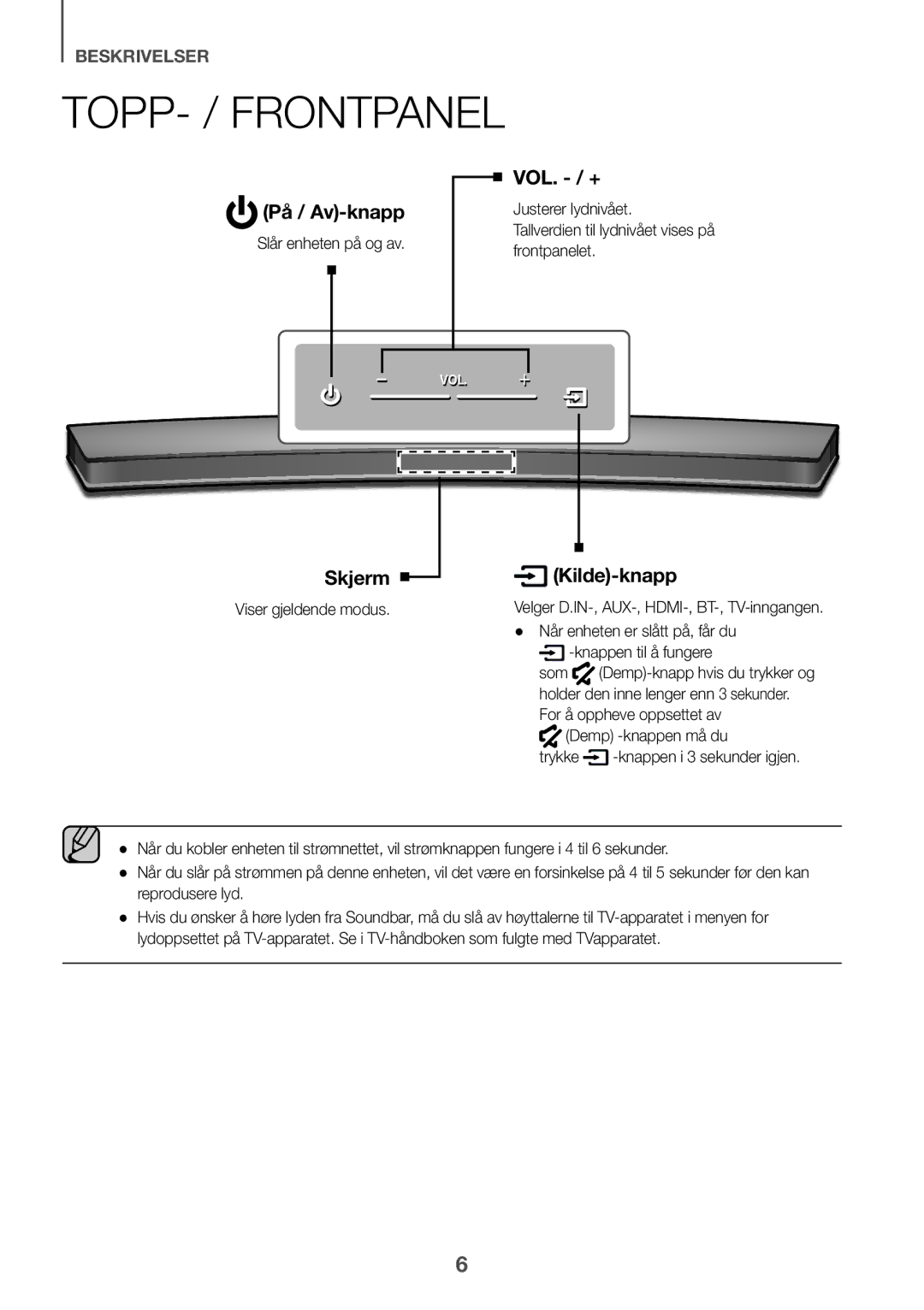 Samsung HW-J6500R/EN, HW-J6501R/EN TOPP- / Frontpanel, Slår enheten på og av, Viser gjeldende modus, Knappen til å fungere 