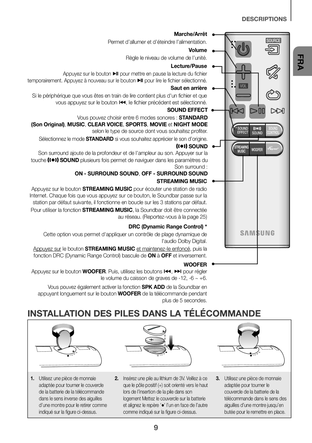 Samsung HW-J6511R/XE, HW-J6501R/EN, HW-J6500R/EN, HW-J6501R/ZF Installation DES Piles Dans LA Télécommande, Marche/Arrêt 