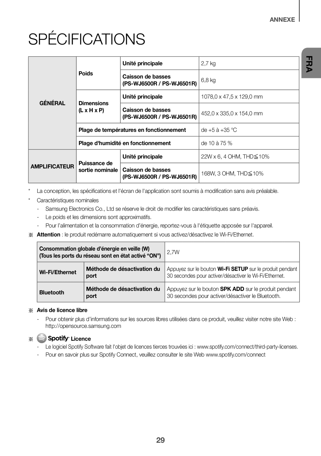 Samsung HW-J6501R/XN manual Spécifications, Poids Unité principale Caisson de basses, Aa Avis de licence libre, Licence 