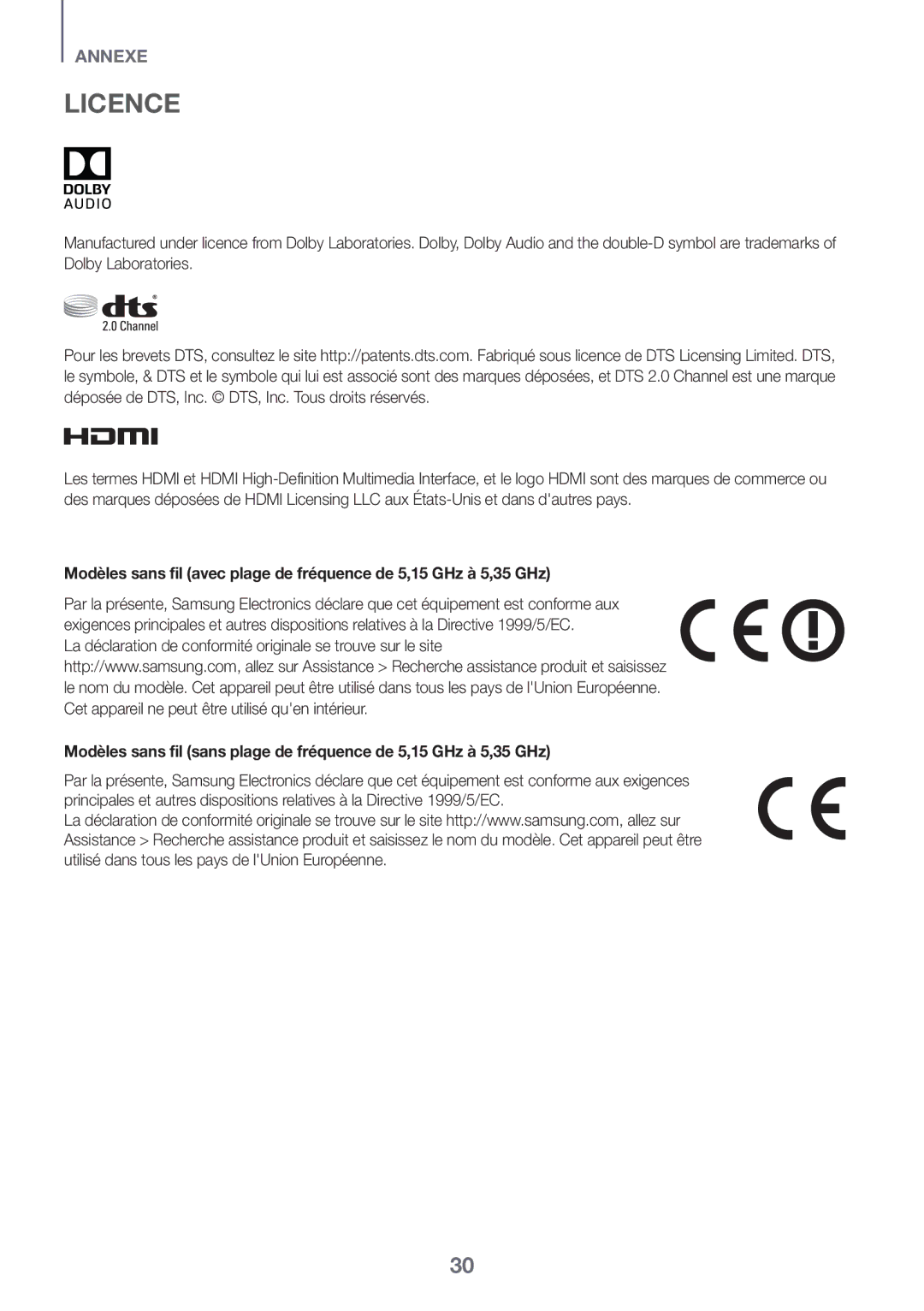 Samsung HW-J6511R/XE, HW-J6501R/EN, HW-J6500R/EN manual Licence, La déclaration de conformité originale se trouve sur le site 