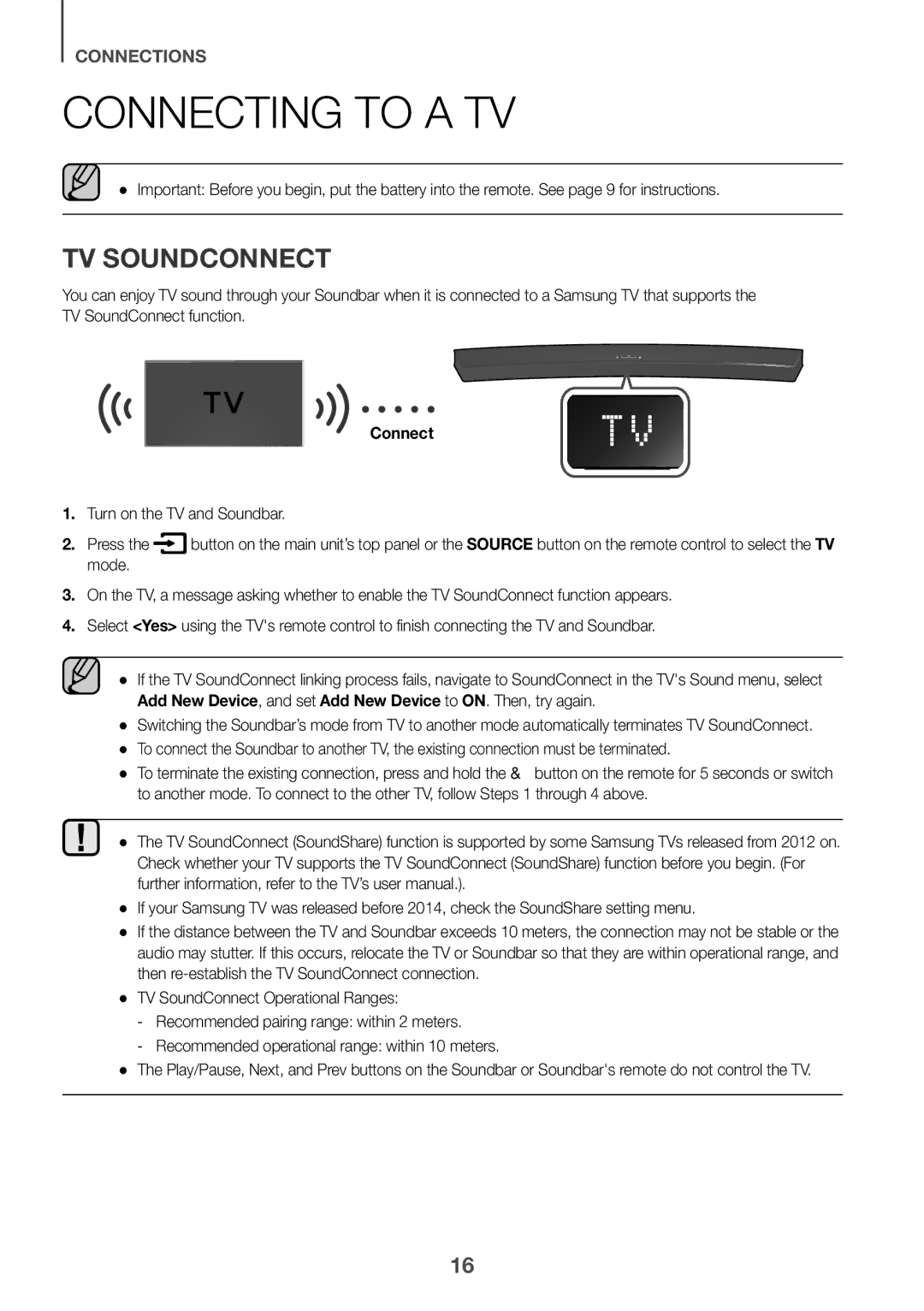 Samsung HW-J6501R/ZF, HW-J6501R/EN, HW-J6500R/EN Connecting to a TV, TV Soundconnect, Turn on the TV and Soundbar Press 