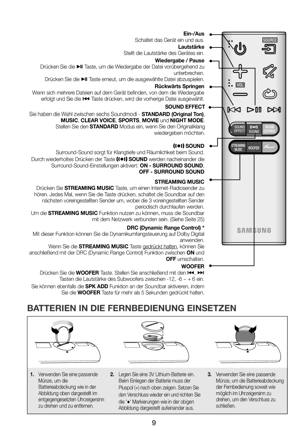 Samsung HW-J6510R/XE, HW-J6501R/EN, HW-J6500R/EN manual Batterien in DIE Fernbedienung Einsetzen, Ein-/Aus, Lautstärke 