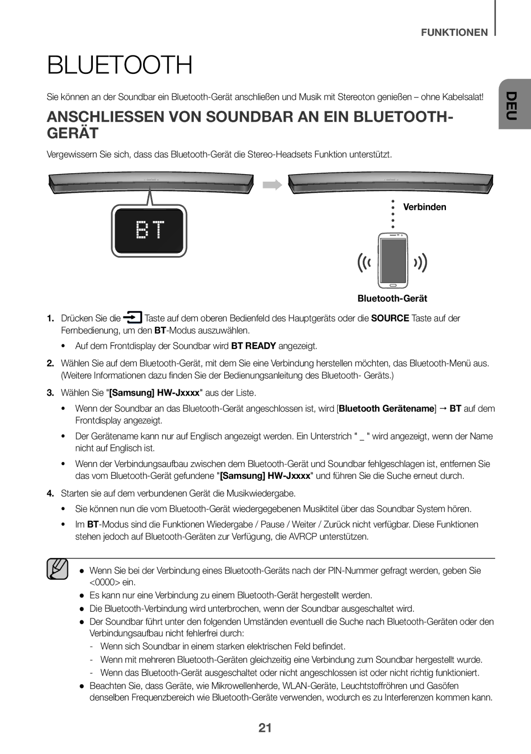 Samsung HW-J6501R/XN manual Anschliessen VON Soundbar AN EIN BLUETOOTH- Gerät, Verbinden Bluetooth-Gerät, Drücken Sie die 