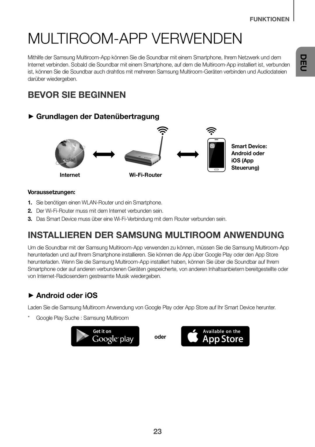 Samsung HW-J6510R/XE manual MULTIROOM-APP Verwenden, Bevor SIE Beginnen, Installieren DER Samsung Multiroom Anwendung 