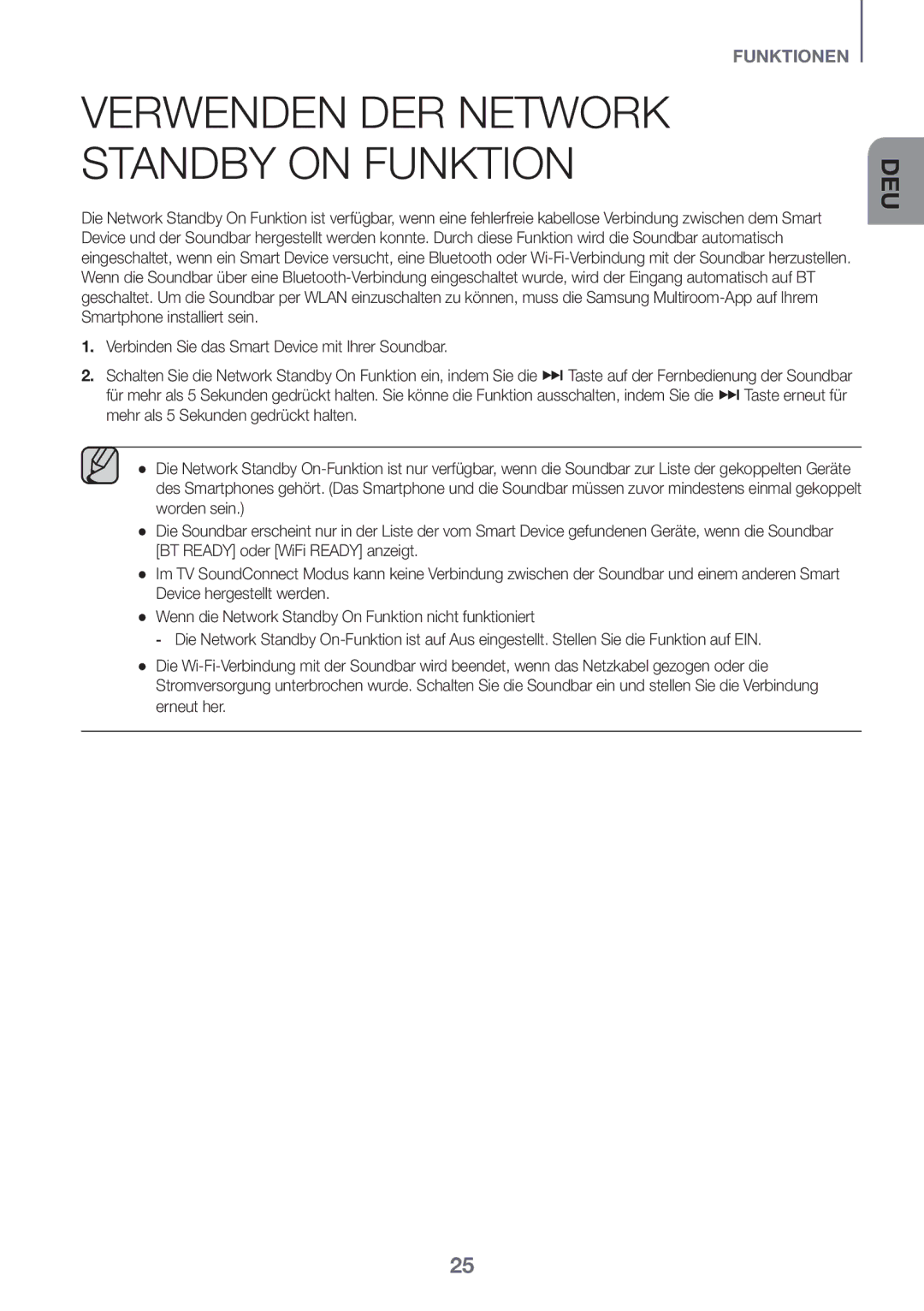 Samsung HW-J6501R/EN, HW-J6500R/EN, HW-J6501R/ZF, HW-J6501R/XN, HW-J6511R/XE manual Verwenden DER Network Standby on Funktion 