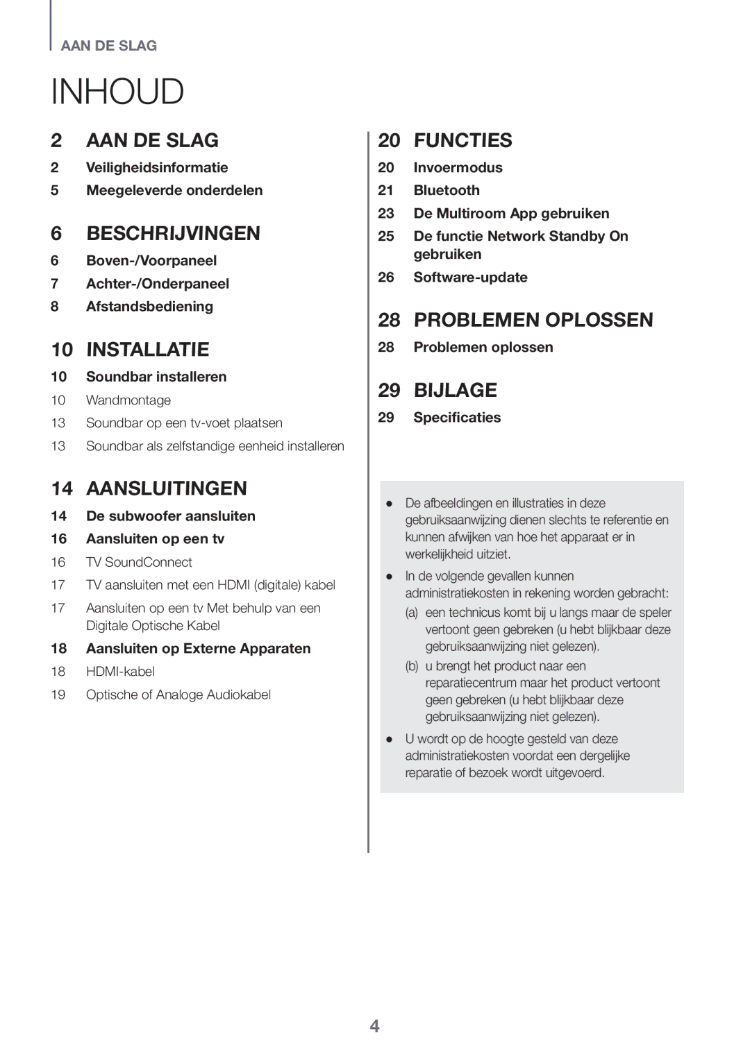 Samsung HW-J6501R/XN, HW-J6501R/EN, HW-J6500R/EN, HW-J6501R/ZF manual Inhoud, HDMI-kabel Optische of Analoge Audiokabel 