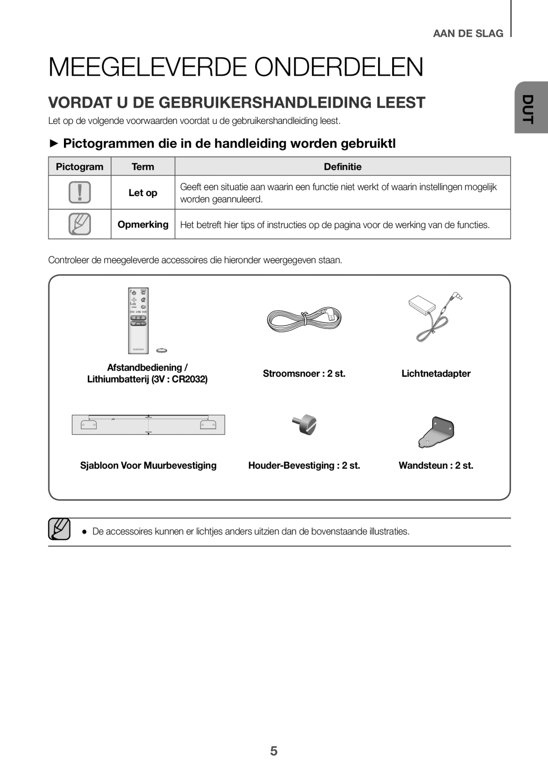 Samsung HW-J6511R/XE, HW-J6501R/EN, HW-J6500R/EN manual Meegeleverde Onderdelen, Vordat U DE Gebruikershandleiding Leest 