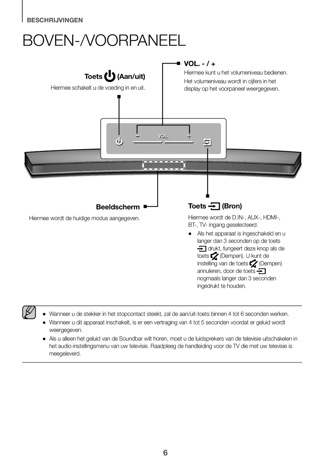 Samsung HW-J6510R/XE Boven-/Voorpaneel, Hiermee schakelt u de voeding in en uit, Hiermee wordt de huidige modus aangegeven 