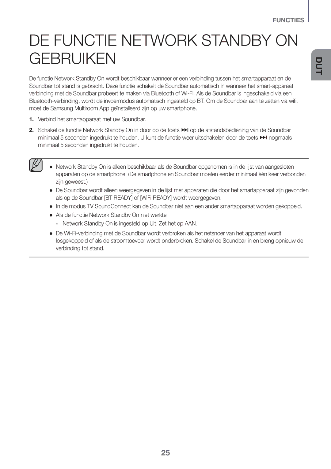 Samsung HW-J6501R/XN, HW-J6501R/EN, HW-J6500R/EN, HW-J6501R/ZF, HW-J6511R/XE manual DE Functie Network Standby on Gebruiken 